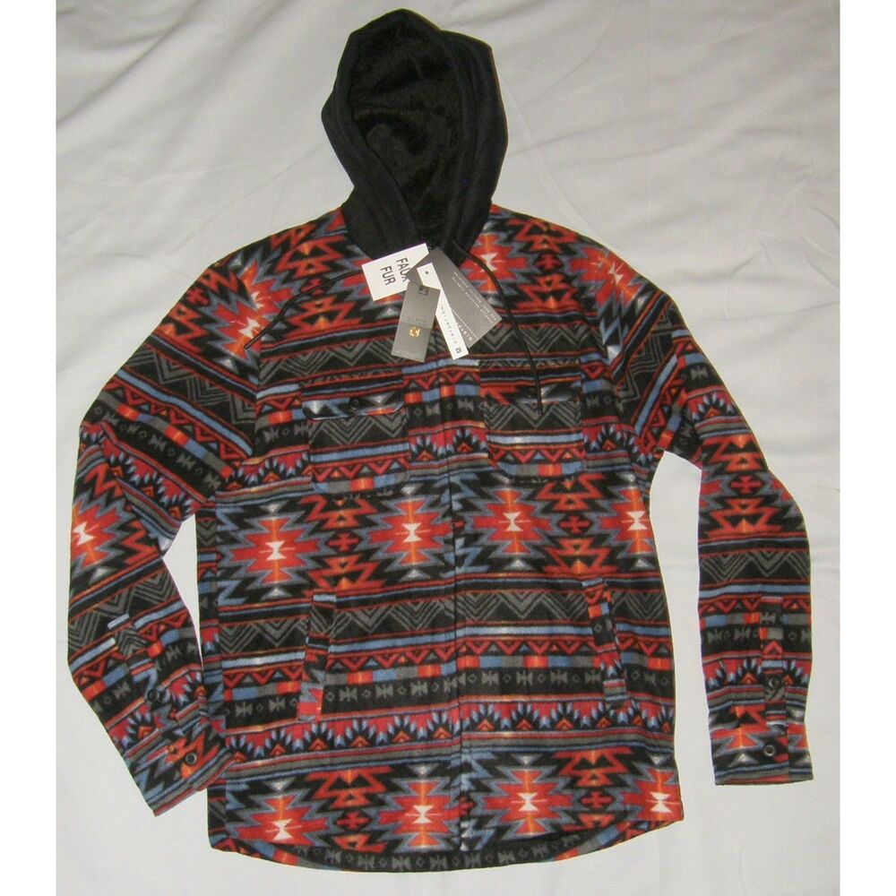 DISTORTION Aztec Sz Small Full Zip Faux Fur Lined Hooded Shacket Pockets NEW NWT